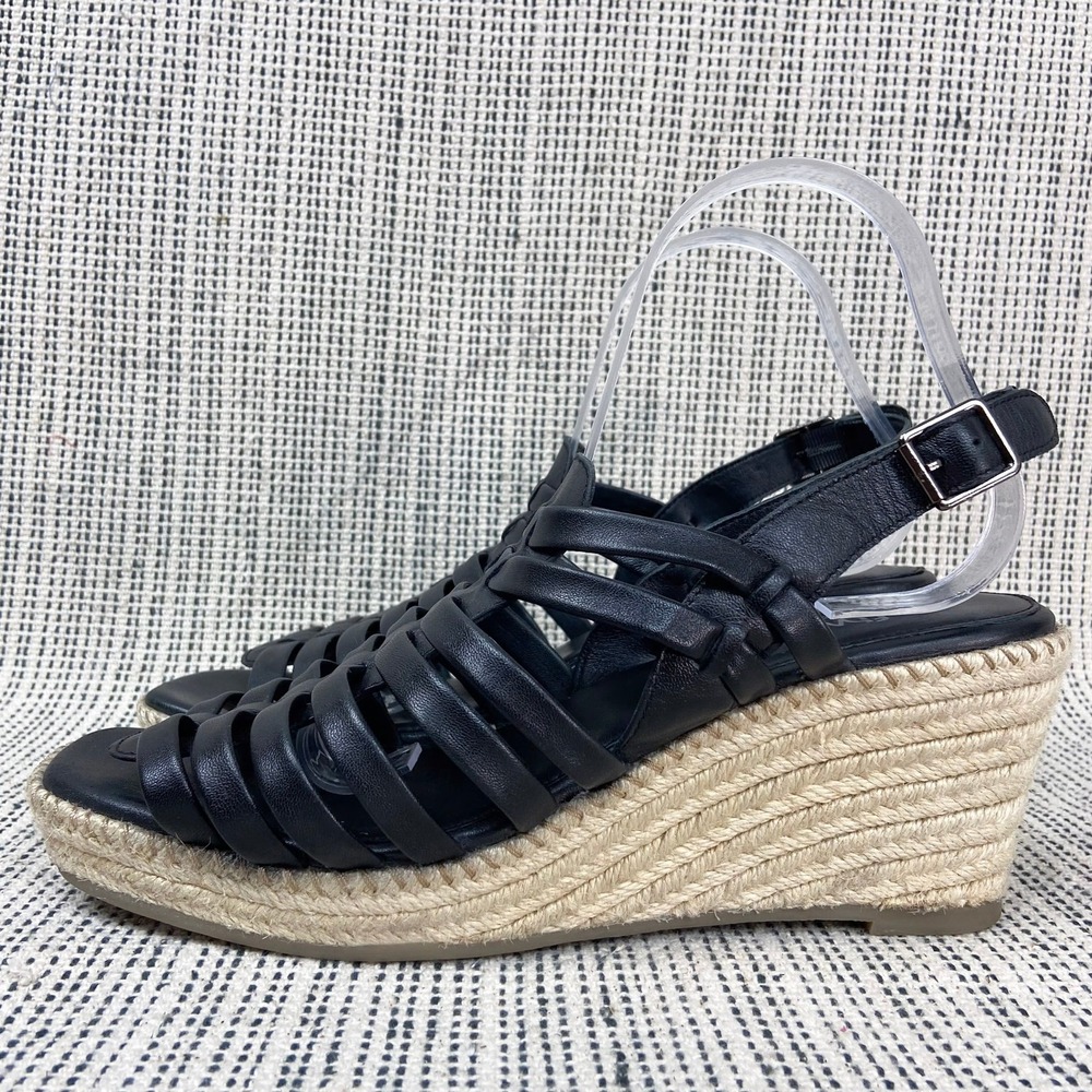 SoftWalk Espadrille‎ Sandals Sz 10.5 Wide Black Leather Coastal Resort Summer